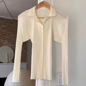 Issey Miyake Pleats Please Button Up in Ivory White